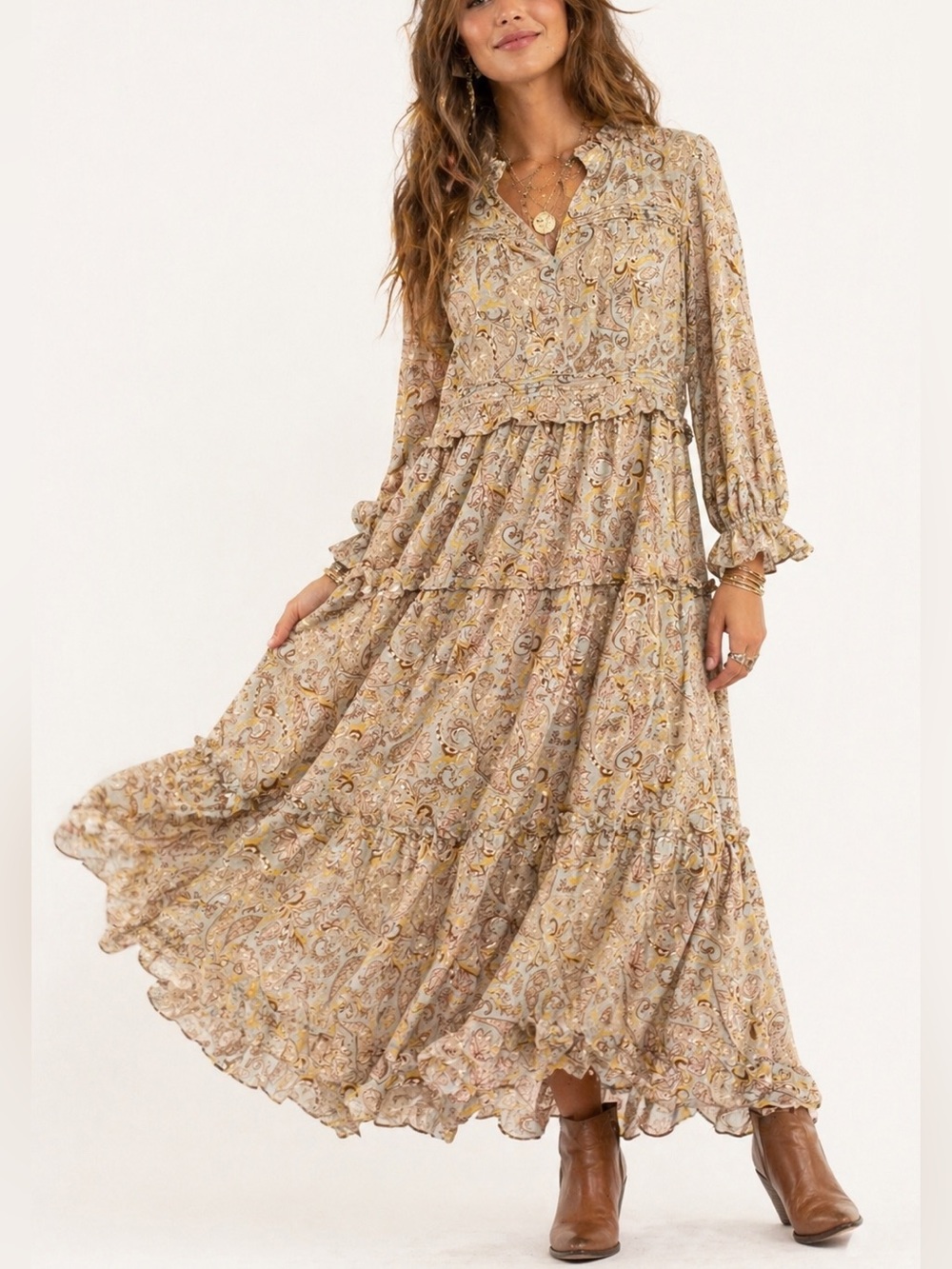 Aura Neutral Paisley Tiered Maxi Dress